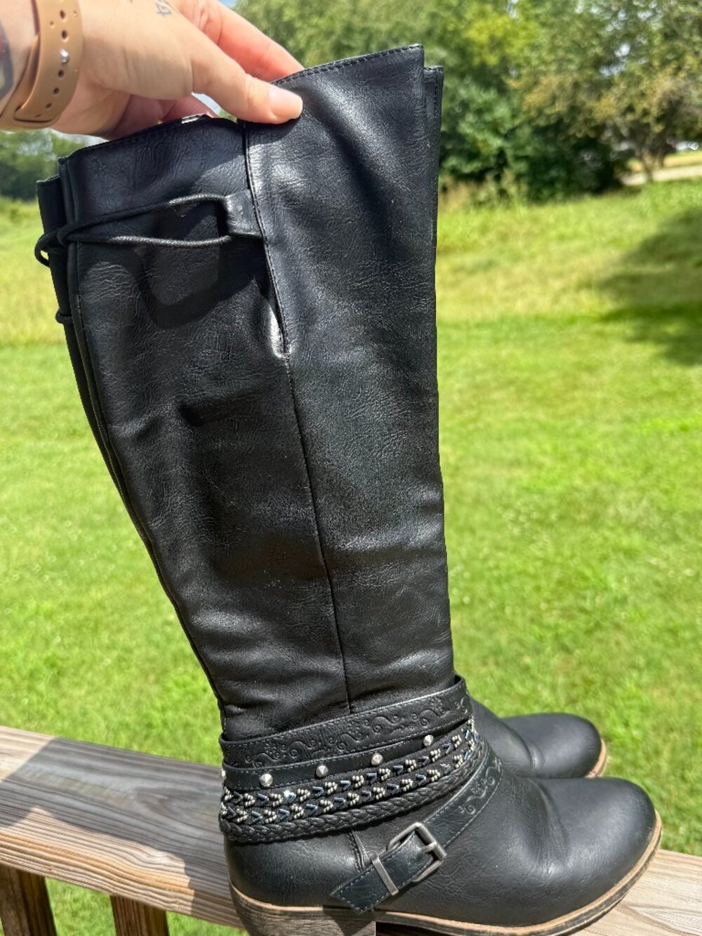 Black Tall Moto Boots Boho Western Moto Festival Cottagecore Sz 10 3979